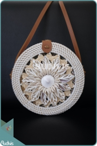 Sea Shell Flower Pettern And Braided Round Rattan Bag