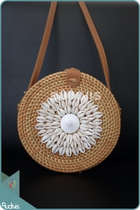 Brown Natural Rattan Bag With Sea Shell Decoration