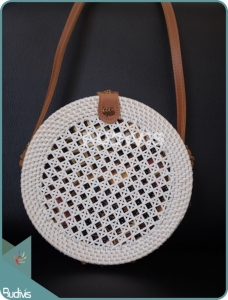 White Round Rattan Bag With Woven Net
