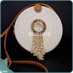 White Round Rattan Bag With Brown Beads Dreamcatcher