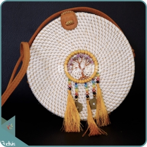 White Round Rattan Bag With Yellow Beads Dreamcatcher
