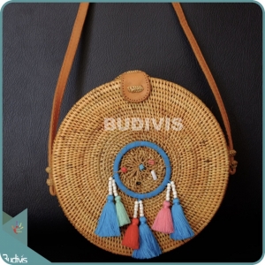 Natural Solid Round Rattan Bag With Multi Colour Dreamcatcher