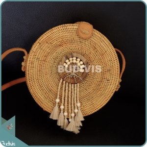 Natural Solid Round Rattan Bag With Bead Dangling Dreamcatcher