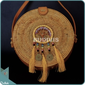 Natural Solid Round Rattan Bag With Yellow Mini Dreamcatcher