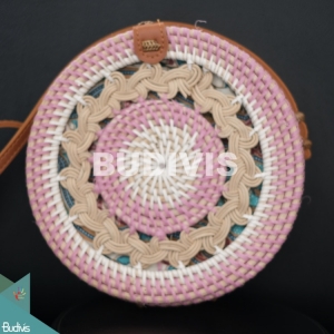 White And Pink Rattan Bag With Hand Woven At The Top
