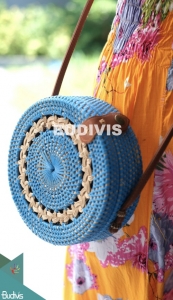 Blue Rattan Bag With Crème Hand Woven