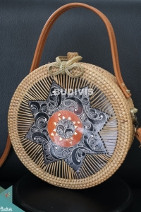 Hand Bag And Cross Body Rattan Round Bag With Batik Ornament